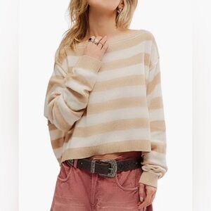 FREE PEOPLE WE THE FREE Tan & Cream Into the Blue Stripe Cropped Sweater